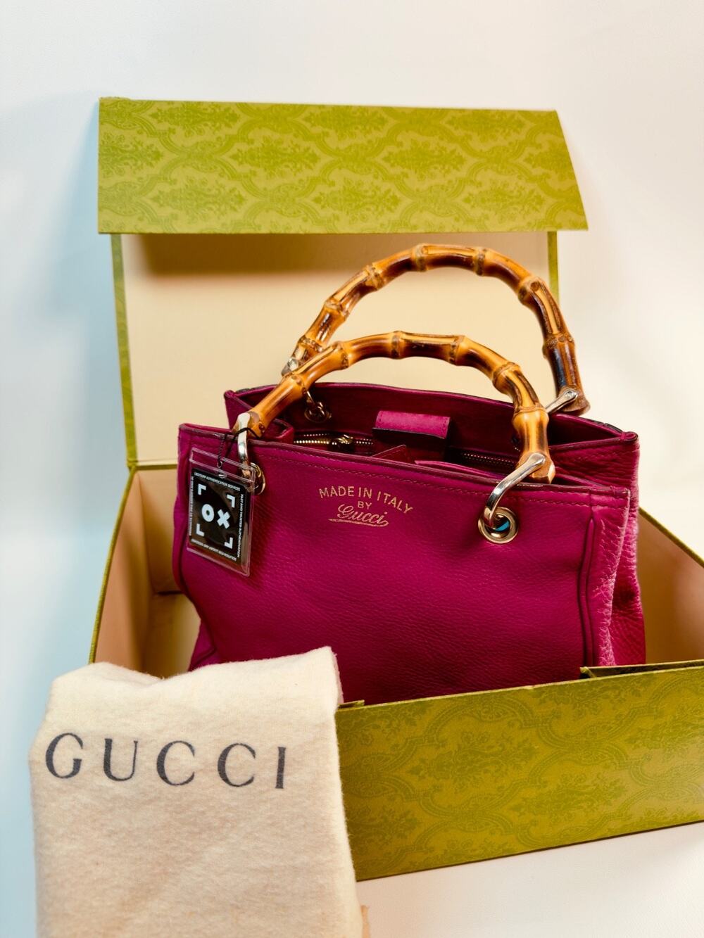 Gucci Bamboo Shopper Tote Magenta Pink Leather Shoulder Bag Satchel Authentic